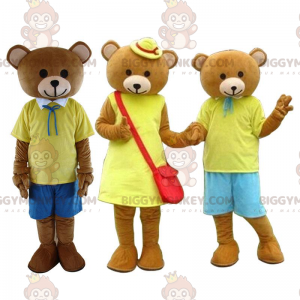 3 BIGGYMONKEY™s maskot brune bamser klædt i gule bjørnekostumer
