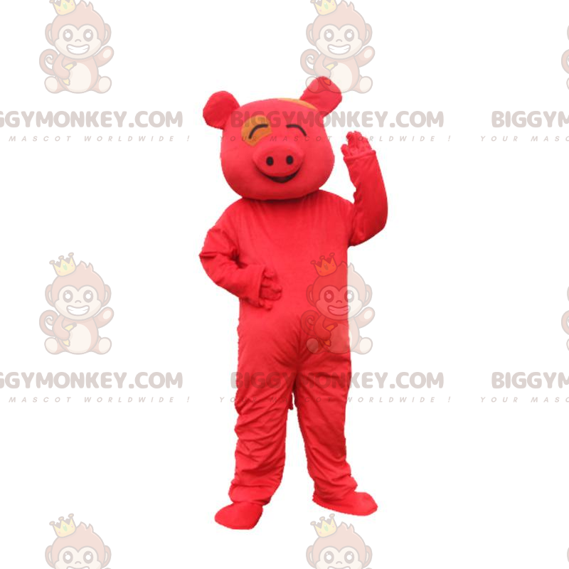 BIGGYMONKEY™ mascot costume smiling looking red pig, red