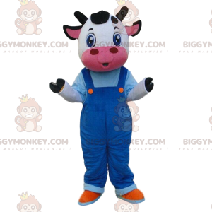 White and Black Cow BIGGYMONKEY™ Mascot Costume with Overalls –