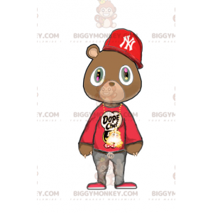 BIGGYMONKEY™ Maskotdräkt Brun björn i röd hiphop-outfit -