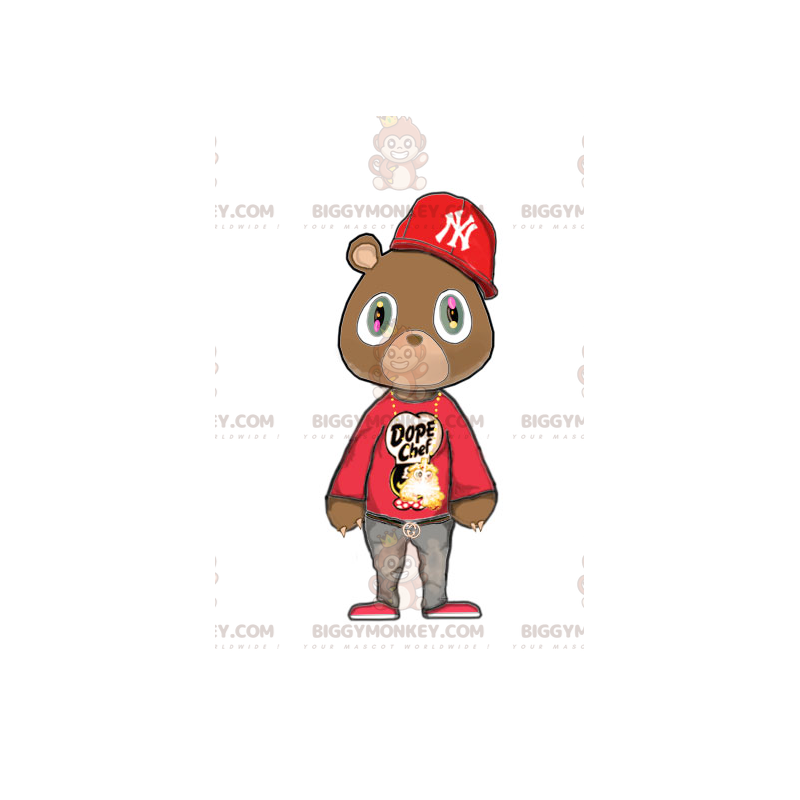 Kostým BIGGYMONKEY™ maskot hnědý medvěd v červeném hip-hopovém