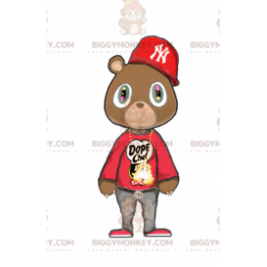 BIGGYMONKEY™ maskotkostume Brun bjørn i rødt hiphop-outfit -