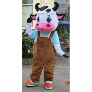 Cowhide BIGGYMONKEY™ Mascot Costume with Brown Overalls –