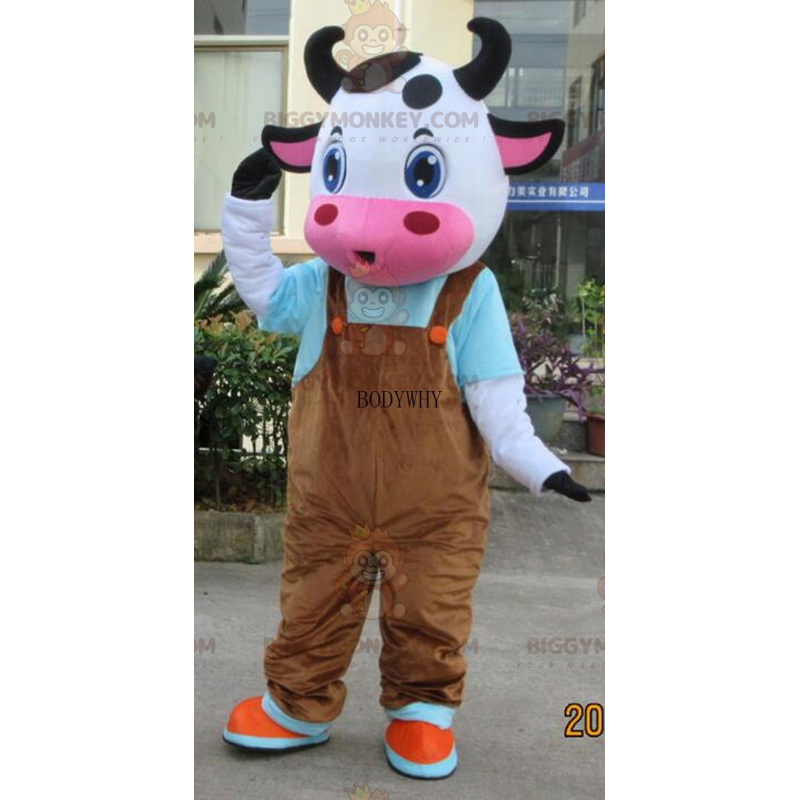 Cowhide BIGGYMONKEY™ Mascot Costume with Brown Overalls -