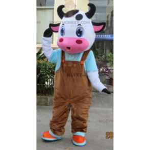 Cowhide BIGGYMONKEY™ Mascot Costume with Brown Overalls -