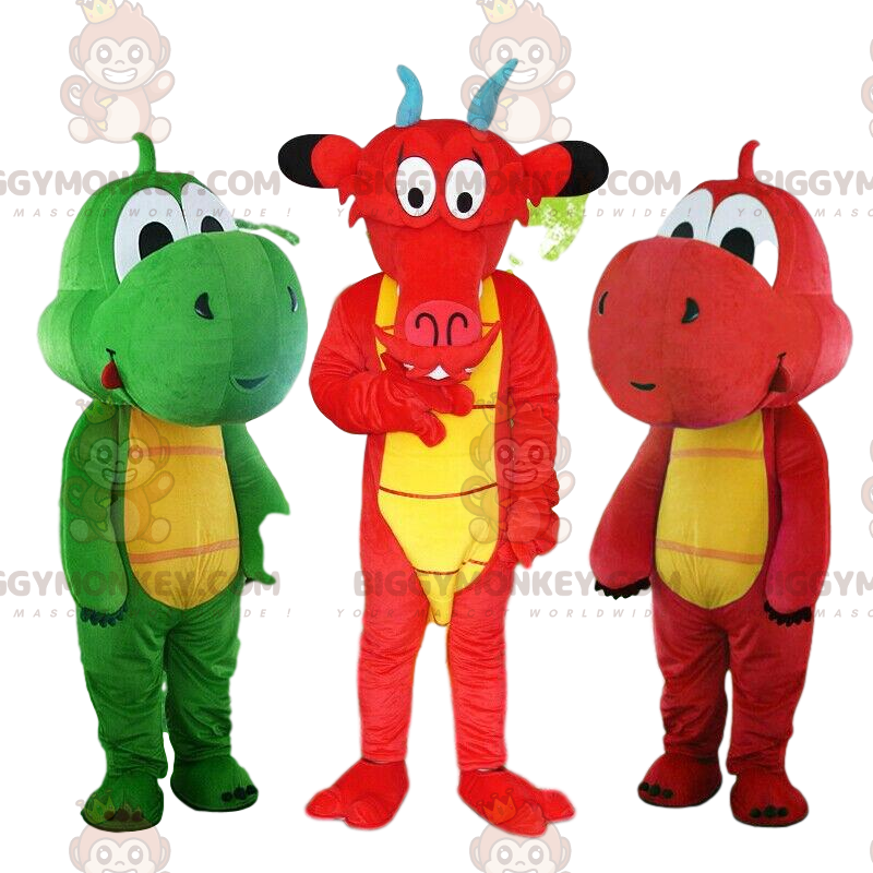 3 Maskot slavných draků BIGGYMONKEY™, barevné dračí kostýmy –