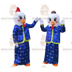 mascotte BIGGYMONKEY™ de poulets blancs en tenue asiatiques