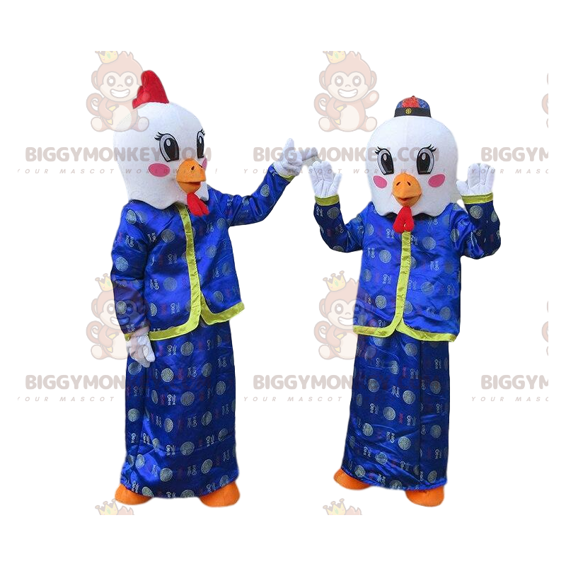 mascotte BIGGYMONKEY™ de poulets blancs en tenue asiatiques