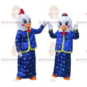 mascotte BIGGYMONKEY™ de poulets blancs en tenue asiatiques