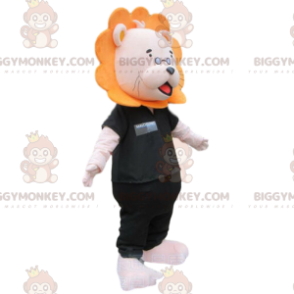 Lion BIGGYMONKEY™ Mascot Costume with Glasses and Black Clothes