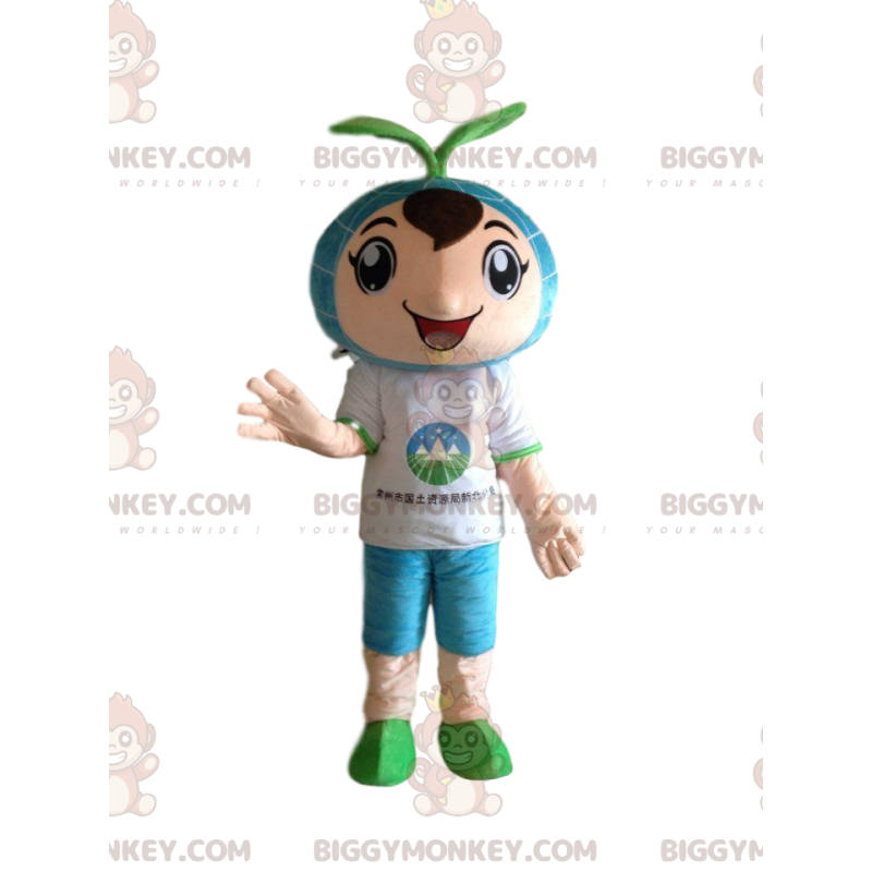 Boy BIGGYMONKEY™ Mascot Costume with Sprout on Head –