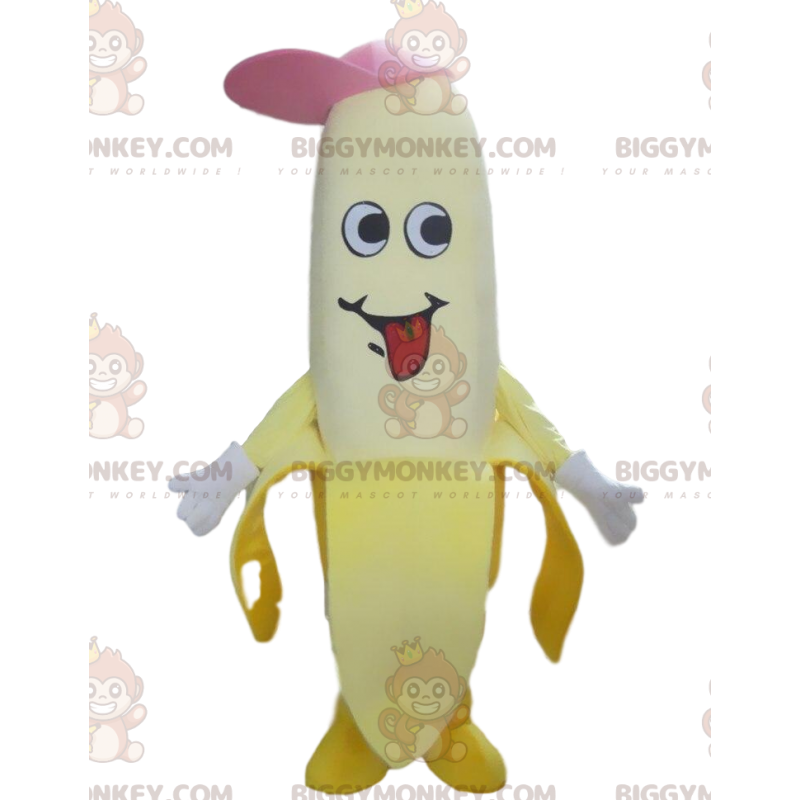 Banaan BIGGYMONKEY™ mascottekostuum met een pet, gigantisch