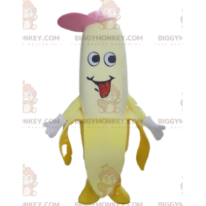 Banana BIGGYMONKEY™ mascot costume with a cap, giant fruit