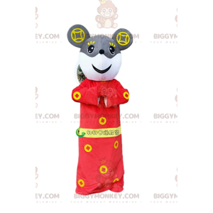 BIGGYMONKEY™ Maskotdräkt Grå och vit mus i röd asiatisk outfit