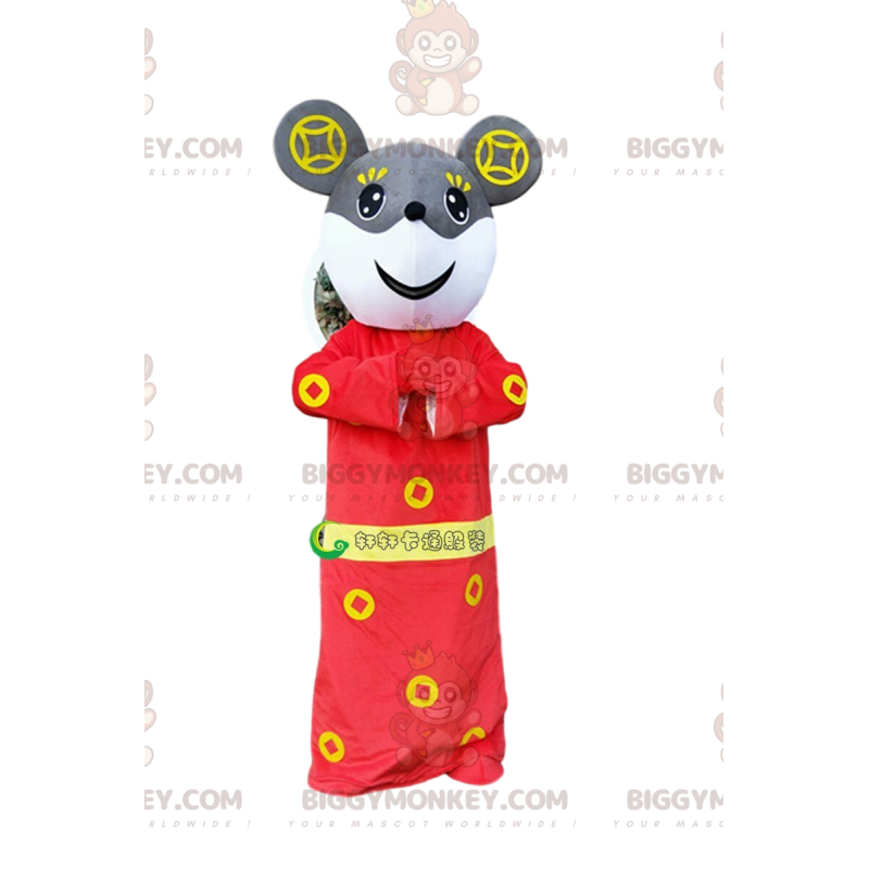 Kostým maskota BIGGYMONKEY™ Šedá a bílá myš v červeném asijském