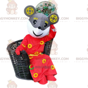 BIGGYMONKEY™ Mascot Costume Gray and White Mouse in Red Asian