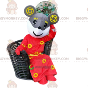 BIGGYMONKEY™ maskottiasu, harmaa ja valkoinen hiiri punaisessa