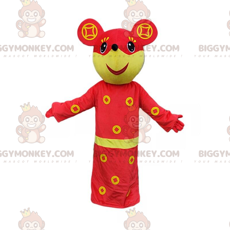 Traje de mascote BIGGYMONKEY™ de rato amarelo e vermelho, traje