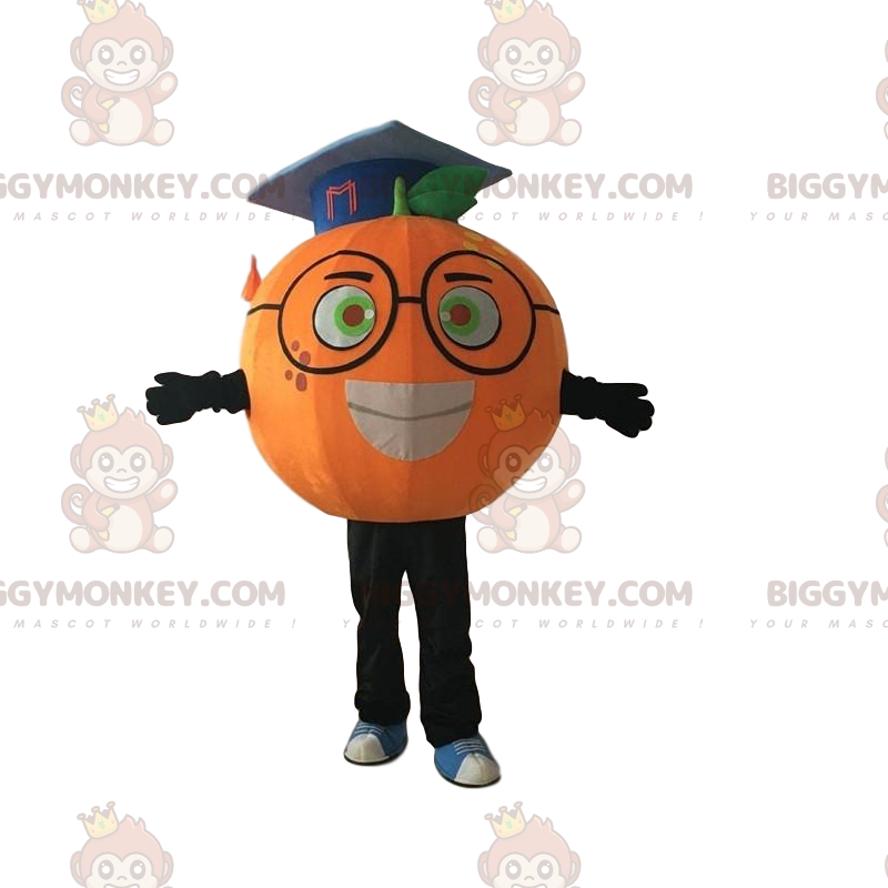 Oranžový kostým maskota BIGGYMONKEY™ s brýlemi a kšiltovkou –