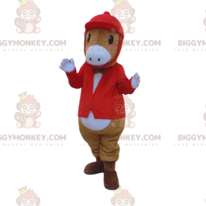 BIGGYMONKEY™ mascot costume of horse in jockey outfit, jockey