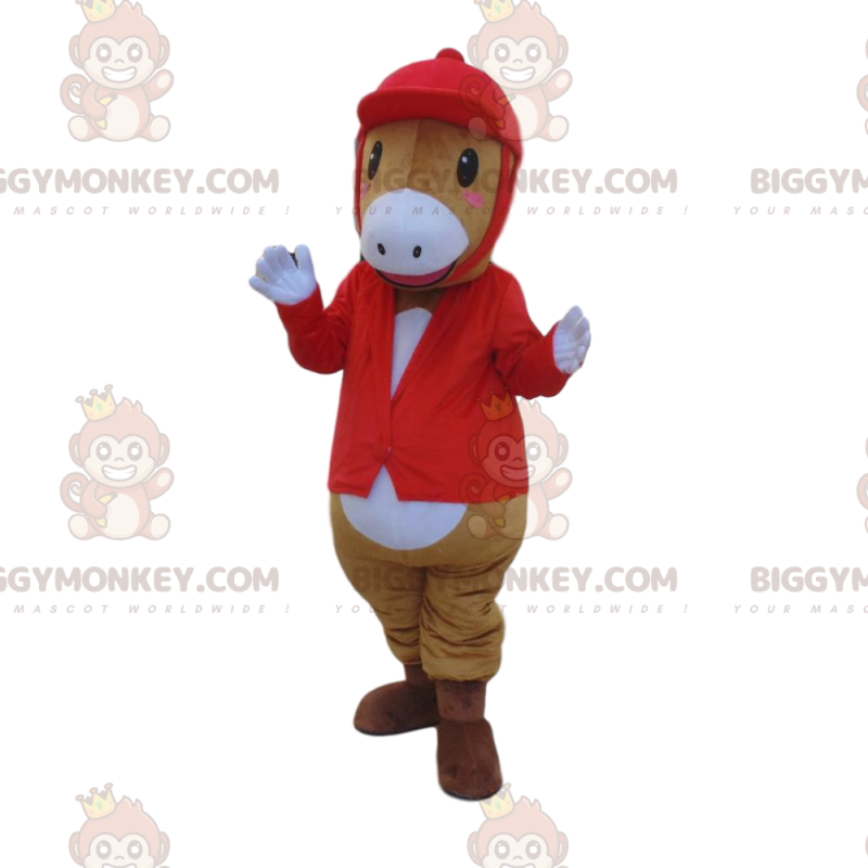 BIGGYMONKEY™ maskotkostume af hest i jockeydragt, jockeykostume