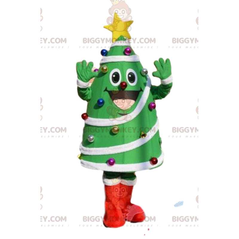 Costume de mascotte BIGGYMONKEY™ de sapin de Noël vert décoré