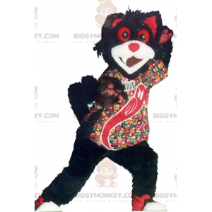 Traje de mascote de gato preto branco e vermelho BIGGYMONKEY™ –