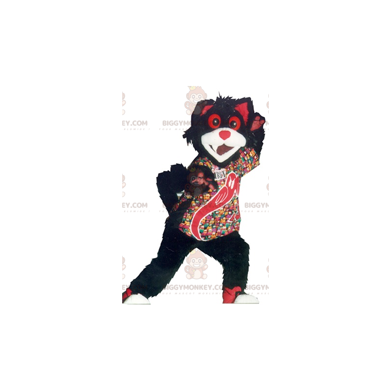 Costume da mascotte BIGGYMONKEY™ gatto nero bianco e rosso -
