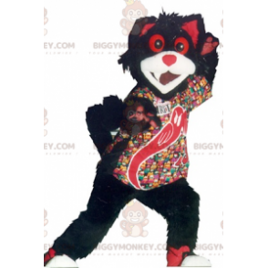 Costume de mascotte BIGGYMONKEY™ de chat noir blanc et rouge -