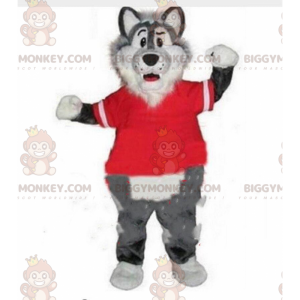 BIGGYMONKEY™ costume da mascotte di lupo grigio e bianco con un