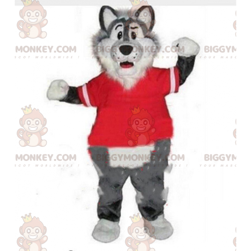 BIGGYMONKEY™ costume da mascotte di lupo grigio e bianco con un