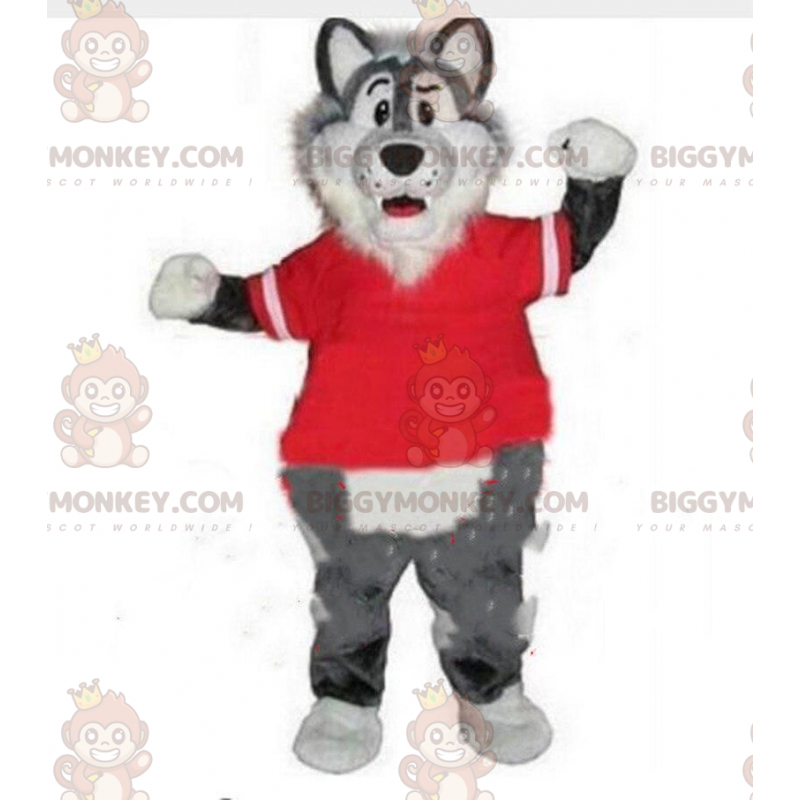 Kostým maskota BIGGYMONKEY™ šedého a bílého vlka s červeným