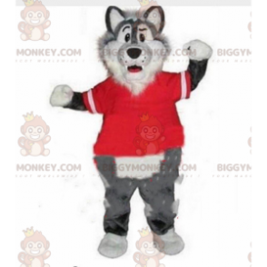 Costume de mascotte BIGGYMONKEY™ de loup gris et blanc avec un