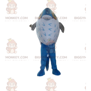 Traje de mascote BIGGYMONKEY™ de peixe azul e branco, traje de