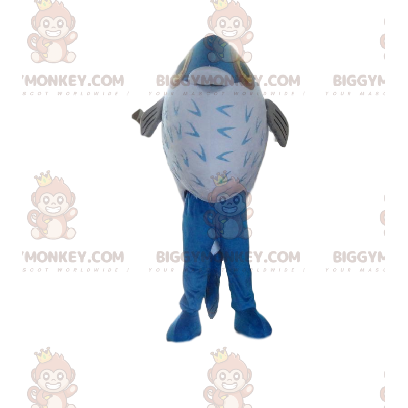 Traje de mascote BIGGYMONKEY™ de peixe azul e branco, traje de