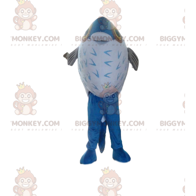 Μπλε και άσπρο ψάρι στολή μασκότ BIGGYMONKEY™, θαλασσινή στολή