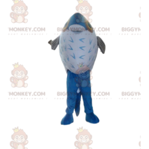 Traje de mascote BIGGYMONKEY™ de peixe azul e branco, traje de