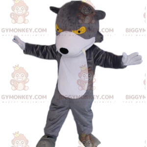 BIGGYMONKEY™ maskot kostume grå og hvid ulv med gule øjne, ulv