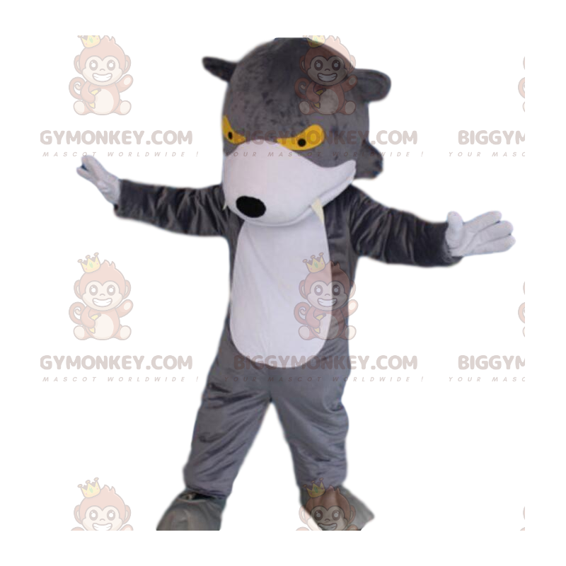BIGGYMONKEY™ maskot kostume grå og hvid ulv med gule øjne, ulv