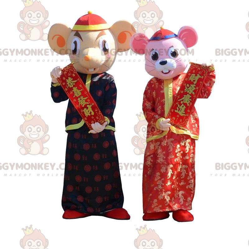 2 mascotes de rato BIGGYMONKEY™s em trajes tradicionais