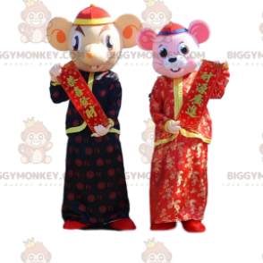 2 musemaskot BIGGYMONKEY™s i traditionelle asiatiske outfits -
