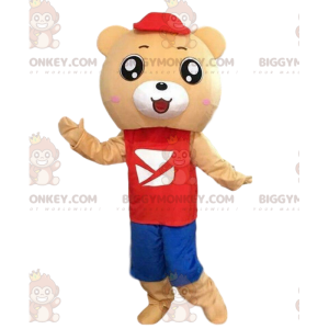 BIGGYMONKEY™ Teddy Bear Mascot Costume in Red and Blue Outfit –