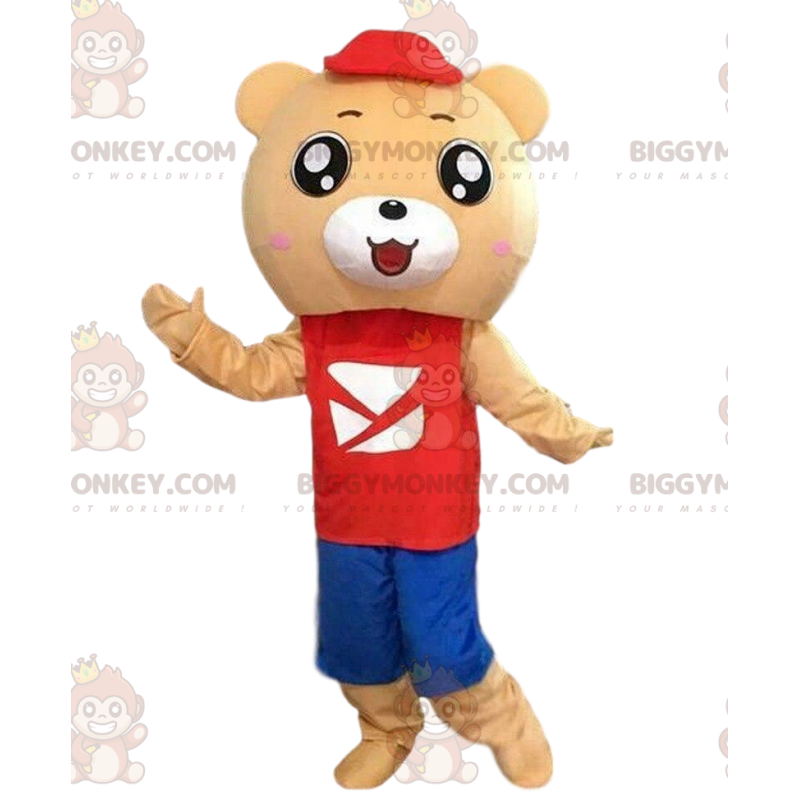 BIGGYMONKEY™ Teddybär-Maskottchen-Kostüm im rot-blauen Outfit -