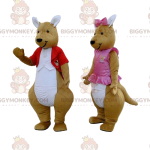 mascote BIGGYMONKEY™ de cangurus marrons e brancos, casal de