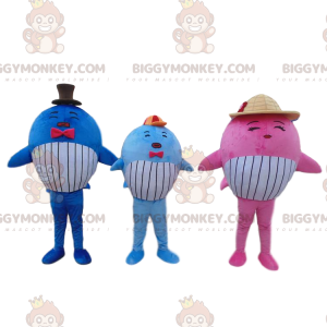 3 mascotes baleias coloridas do BIGGYMONKEY™, 3 peixes gigantes