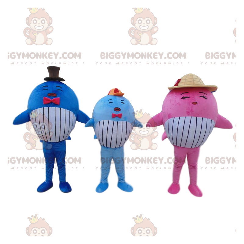 3 mascotes baleias coloridas do BIGGYMONKEY™, 3 peixes gigantes