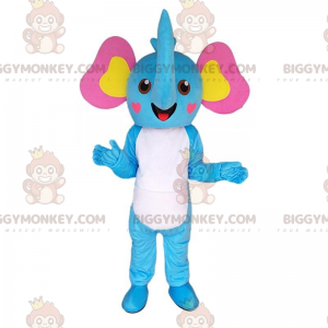 Disfraz de mascota elefante azul, blanco, amarillo y rosa