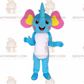 Blå, vit, gul och rosa elefant BIGGYMONKEY™ maskotdräkt
