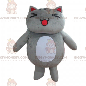 Traje de mascote BIGGYMONKEY™ de gato grande cinza e branco