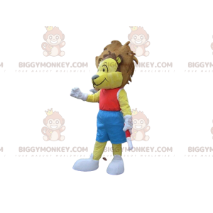 Traje de mascote BIGGYMONKEY™ de leão amarelo em roupas